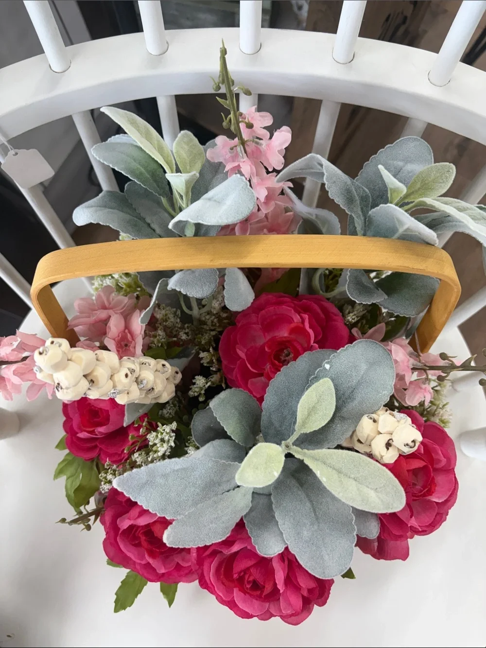 Hot Pink Rose Basket Arrangement - Faux Floral Accent